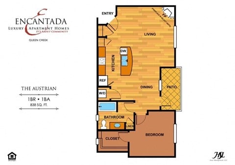 Floor plan for 1 bed, 1 bath, 838 sqft